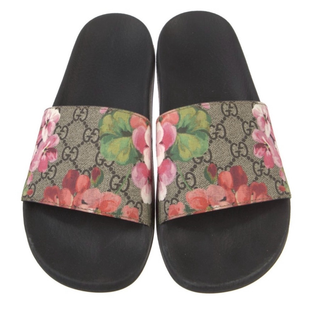 Gucci Black Slides with Floral Pattern